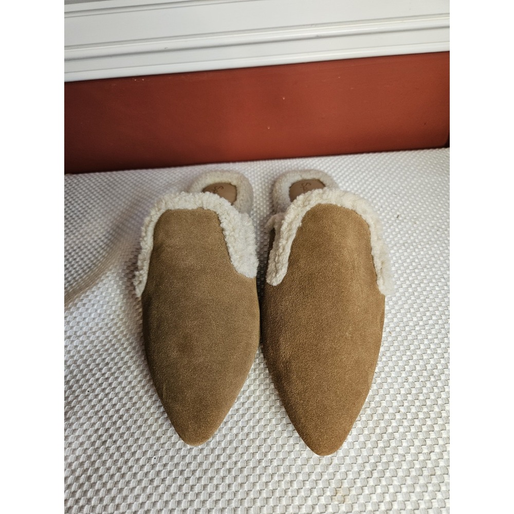 Splendid Liza Lee Suede Sherpa Mules Caramel Brown Pointed Toe Flats Size 9.5